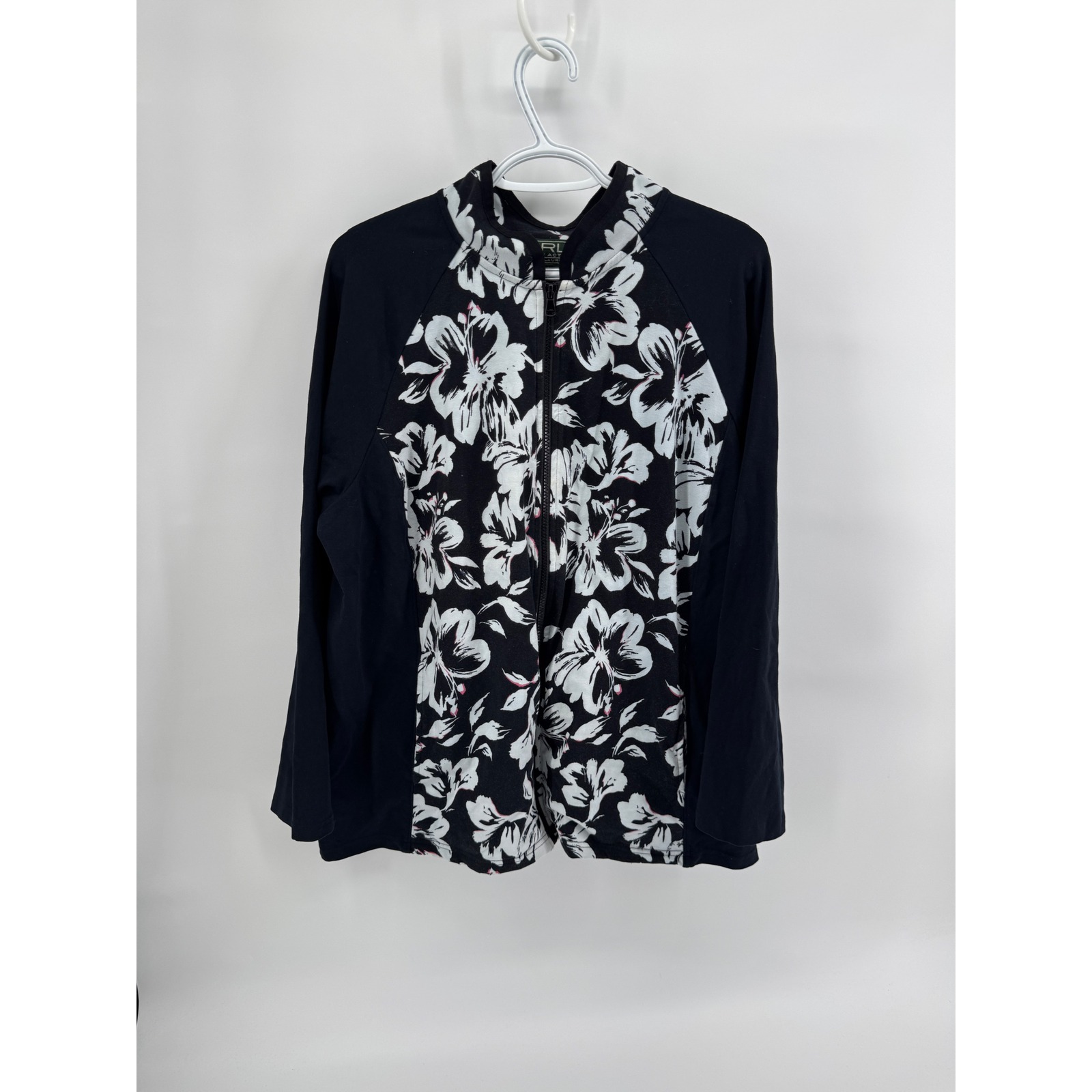 Lauren Active Ralph Lauren Floral Zip Front Track Jacket Black White 2x Womens